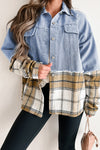 Trendy Women's Khaki Plaid Oversized Denim Jacket with Button Closure – Chic Casual Outerwear for Effortless Style