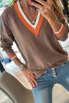 Women's Dark Khaki V-Neck Varsity Sweater with Striped Trim – Chic & Comfortable Casual Top for Everyday Style