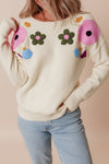 Cozy Women's Beige Knitted Floral Sweater with Ribbed Edges for Chic Autumn Style and Comfortable Fit