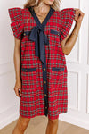 Women's Festive Red Plaid Mini Dress with Ruffled Sleeves and Bow Detail, Perfect for Parties and Special Occasions