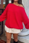 Cozy Women's Fiery Red Asymmetric Neck Sweater with Drop Shoulders - Trendy Baggy Style for Casual Chic Looks