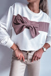 Chic Women's White Color Block Sweatshirt with Ribbon Bow Detail - Trendy Crew Neck Top for Casual Style