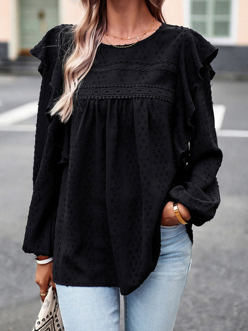 Elegant Black Lace Eyelet Ruffle Sleeve Blouse for Fall