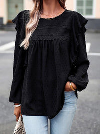 Elegant Black Lace Eyelet Ruffle Sleeve Blouse for Fall