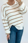 Women's Cozy Khaki Stripe Ribbed Knit Sweater - Relaxed Fit Drop Shoulder for Effortless Casual Chic
