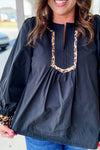 Plus Size Women's Stylish Black Flounced Long Sleeve Blouse with Leopard Trim & Split Neck for Comfortable Fashion