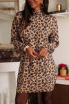 Chic Women's Khaki Leopard Print Long Sleeve Sweater Dress with High Neck for Trendy Autumn Elegance