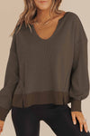 Cozy Women's Dark Brown Waffle Knit V-Neck Sweatshirt with Drop Shoulders - Perfect for Casual Everyday Style
