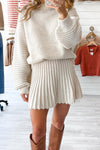 Stylish Women's Beige High Neck Puff Sleeve Sweater and Pleated Mini Skirt Set - Trendy 2-Piece Knitted Outfit