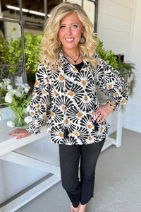 Black Abstract Floral Print Tassel Tie Neck Long Sleeve Blouse
