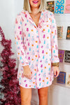 Cozy Women's Pink Christmas Sleep Dress with Twinkle Tree Print - Relaxed Fit Holiday Nightwear for Festive Comfort