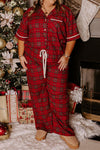 Plus Size Women's Red Plaid Short Sleeve Pajama Set with Relaxed Fit Pants for Cozy Sleepwear and Lounging
