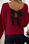 Women's Stylish Racing Red Ribbed V-Neck Top with Bow Detail, Drop Shoulder, Long Sleeves – Chic & Comfortable Fit