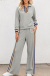 Trendy Women's Gray Striped Quarter Zip Pullover & Loose Fit Pants Set - Stylish Patchwork Loungewear for Comfort