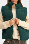 Chic Women's Jungle Green Corduroy Puffer Vest with Stand Collar and Zipper – Cozy Layer for Trendy Fall Looks