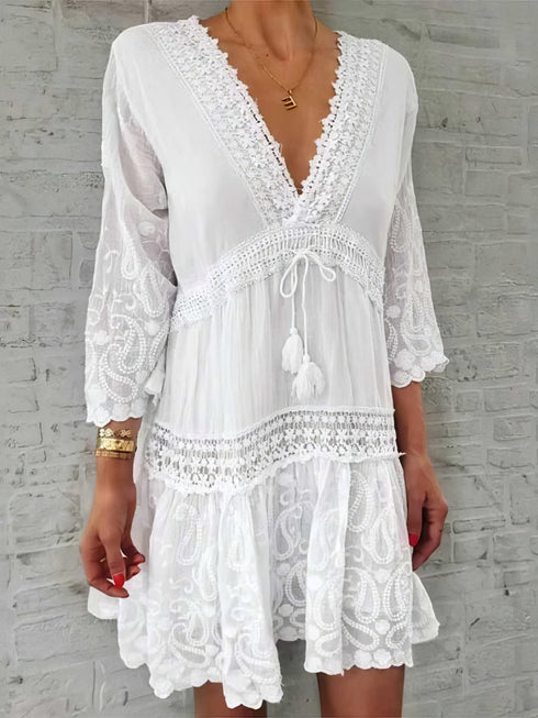 v-neck-print-3-4-sleeve-hollow-dress