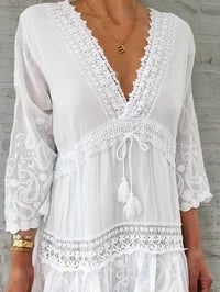 v-neck-print-3-4-sleeve-hollow-dress