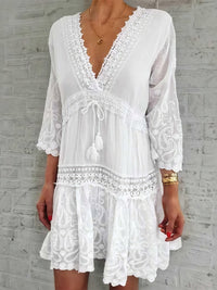 v-neck-print-3-4-sleeve-hollow-dress