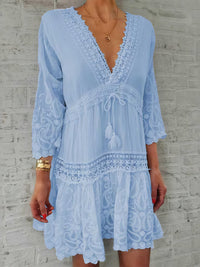 v-neck-print-3-4-sleeve-hollow-dress