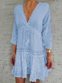 v-neck-print-3-4-sleeve-hollow-dress