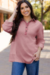 Women's Relaxed Fit Pink Waffle Knit Long Sleeve Collared Top - Stylish Half Button Design for Casual Comfort