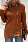 Women's Cozy Chestnut Plaid Hooded Top - Stylish Ribbed Knit with Drawstring and Trendy Patchwork Design
