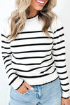 Cozy Women's White Striped Ribbed Knit Sweater with Contrast Trim, Round Neck, Ideal for Layering and Stylish Outfits