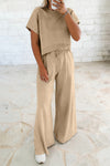 Women's Casual Parchment Loose Tee and Drawstring Wide Leg Pants Set - Comfy 2-Piece Outfit for Effortless Style