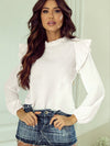 Elegant White Bubble Sleeve Ruffle Blouse