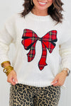 Cozy Women's White Plaid Bow Graphic Sweater - Loose Fit for Festive Holiday Style and Comfort