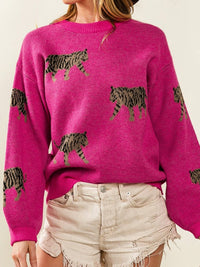 Fierce Leopard Print Rose Red Knit Sweater for Casual Chic
