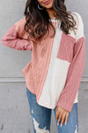 Women's Long Sleeve Colorblock Knit Top in Peach Blossom - Textured, Stylish Fit with Chest Pocket for Everyday Comfort