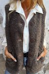 Stylish Women's Dark Brown V-Neck Teddy Vest with Button Front - Cozy Plush Layering Essential for Fall & Winter Fashion