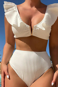 Sophisticated White Textured Ruffle Sleeve High Waist Bikini Set