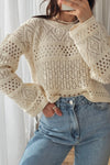 Chic Women's Beige Hollow-Out Knitted Sweater - Unique Pattern, Comfortable Fit for Effortless Casual Style