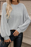 Stylish Women's Gray Ribbed Knit Pullover Top with Long Lantern Sleeves - Versatile Round Neck for Casual or Dressy Wear