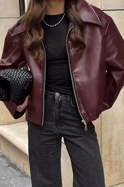 Wild Ginger Retro Elastic Hem Zip Up Leatherette Jacket