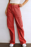 Women's Trendy Women's Fiery Red High-Waisted Cargo Pants - Comfortable Straight Leg with Functional Pockets for Everyday Style