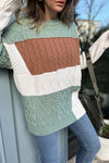 Cozy Women's Green Color Block Knit Sweater with Cable Texture - Relaxed Fit for Effortless Casual Style