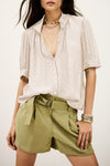 Elegant Women's Beige Metallic Jacquard Blouse - Lightweight Short Sleeve Top for Chic Daywear and Casual Outings