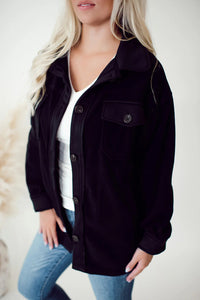 Black Solid Color Exposed Seam Patchwork Button Down Fleece Shacket