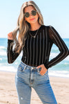 Trendy Women's Black Striped Mesh Bodysuit with Rhinestone Details and Long Sleeves for Chic Style