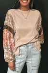 Trendy Women's Floral Patchwork Puff Sleeve Waffle Knit Top in Parchment - Chic and Comfortable for Any Occasion
