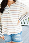 Plus Size Women's Khaki Stripe Long Sleeve Henley Top with Contrast Details for Chic Everyday Style