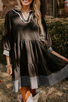 Women's Black Tiered Mini Dress with V-Neck and 3/4 Sleeves - Trendy, Comfortable Style for Every Occasion