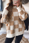 Cozy Women's Checkered Knit Sweater in Parchment - Stylish Ribbed Trim & Baggy Fit for Effortless Fall Fashion