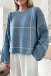 Cozy Dusk Blue Plaid Sweater for Women - Stylish Drop Shoulder Design, Perfect Loose Fit for Fall Fashion