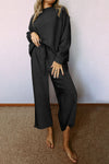 Women's Black Ultra Loose Textured 2-Piece Lounge Set - Cozy Slouchy Casual Outfit for Effortless Everyday Style