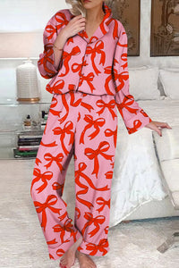 
Cozy Women's Pink Bow Print Long Sleeve Pajama Set - Stylish 2-Piece Sleepwear for Comfortable Nights