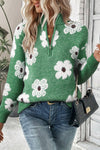 Trendy Women's Cozy Green Floral Half-Zip Sweater with Drop Shoulder Design - Ideal for Casual Outings